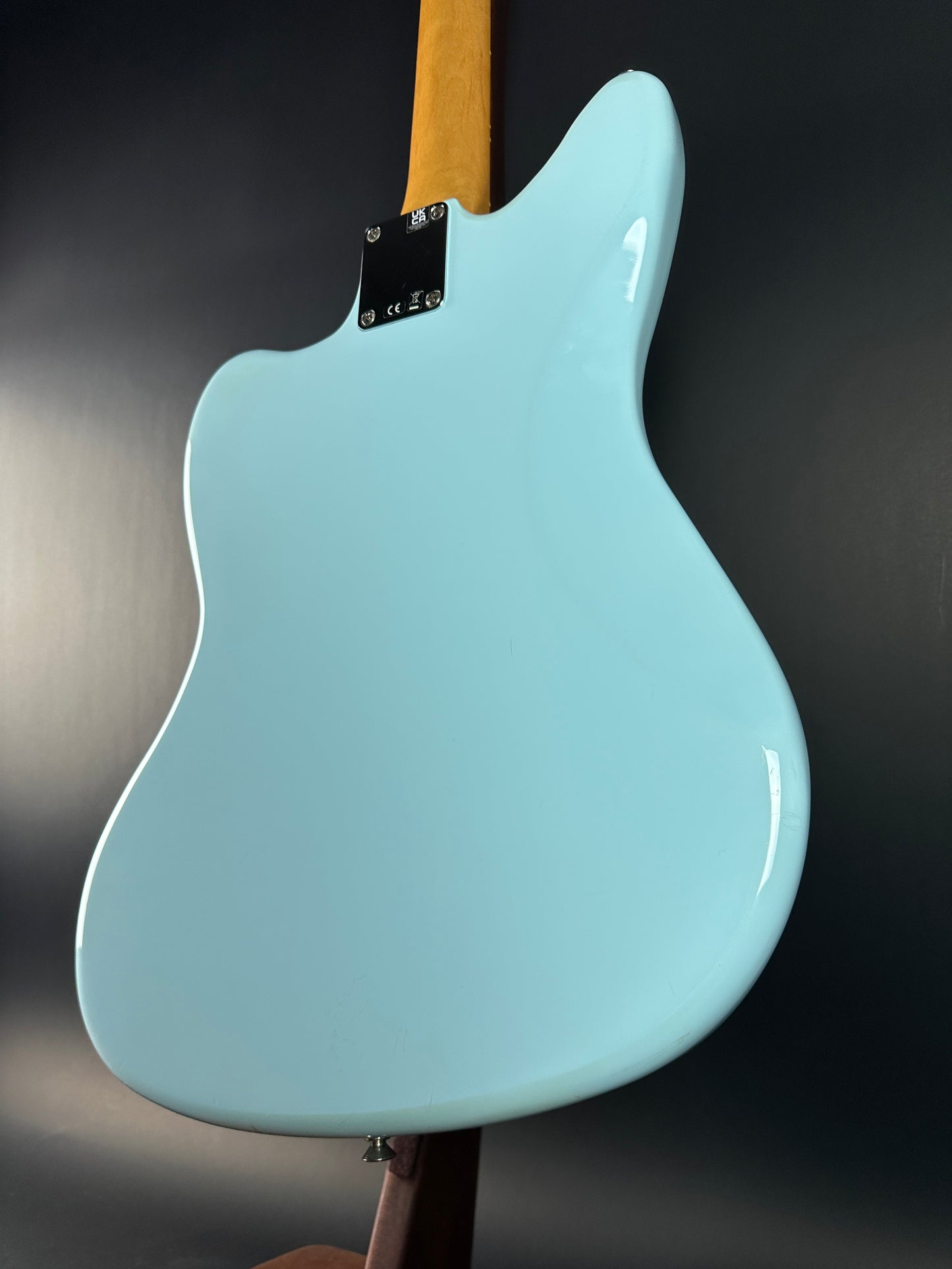 Back angle of Used 2021 Fender Vintera Jaguar Mod Daphne Blue.