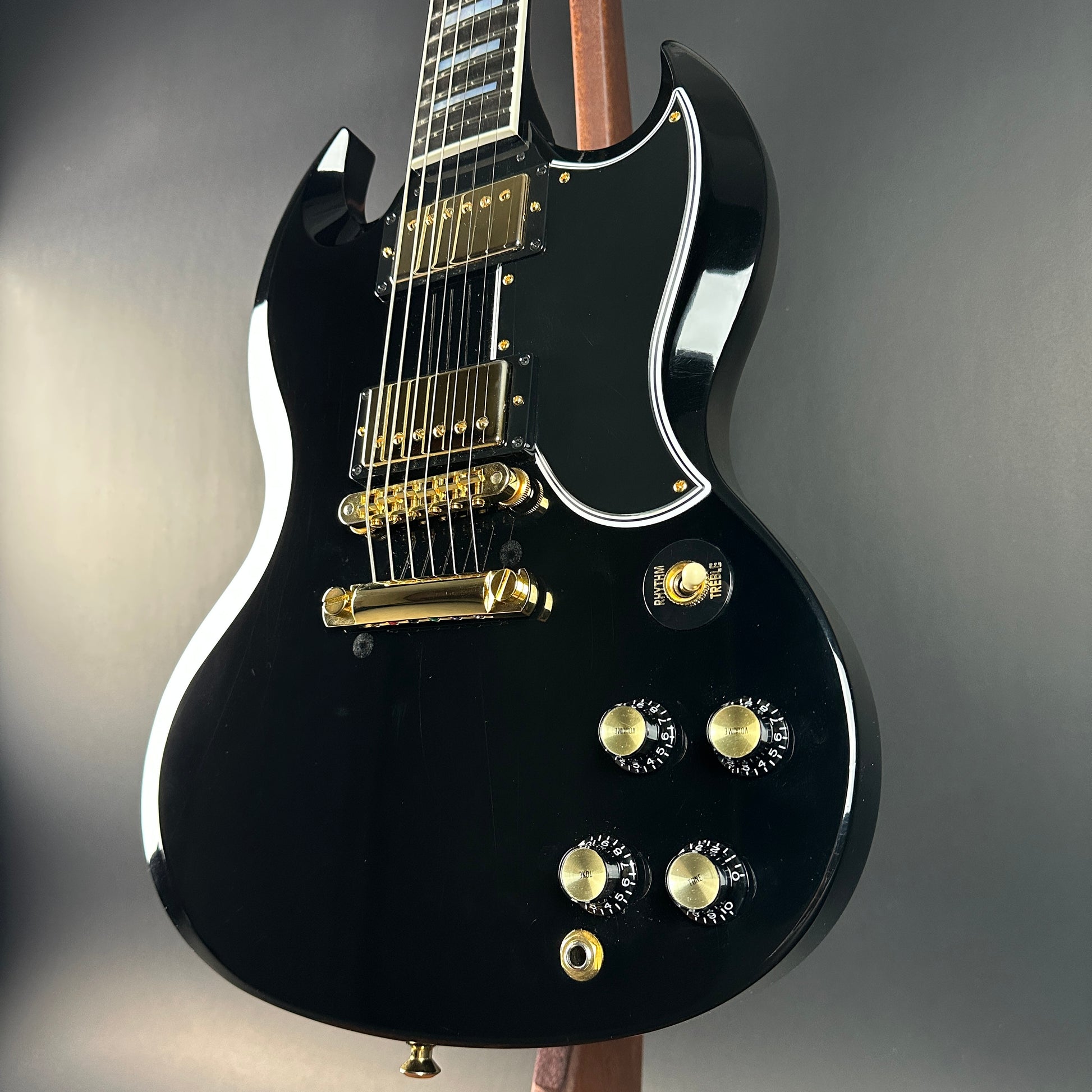 Front angle of Used 2010 Gibson Custom Shop SG Custom Ebony.