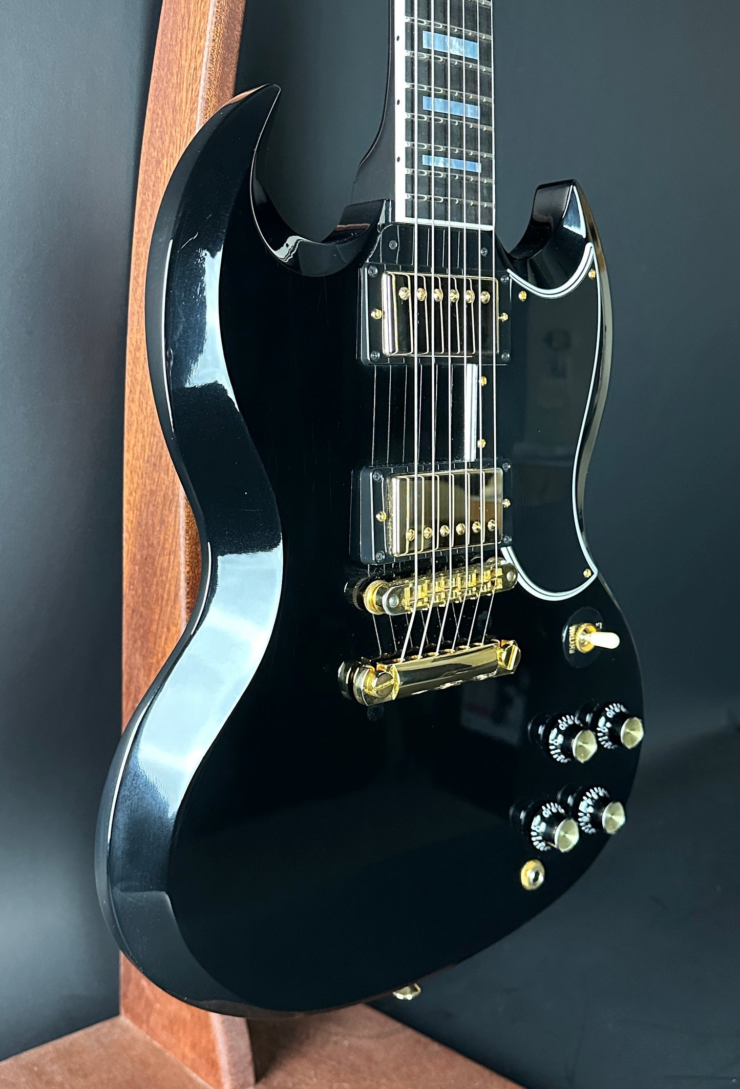 Front angle of Used 2010 Gibson Custom Shop SG Custom Ebony.