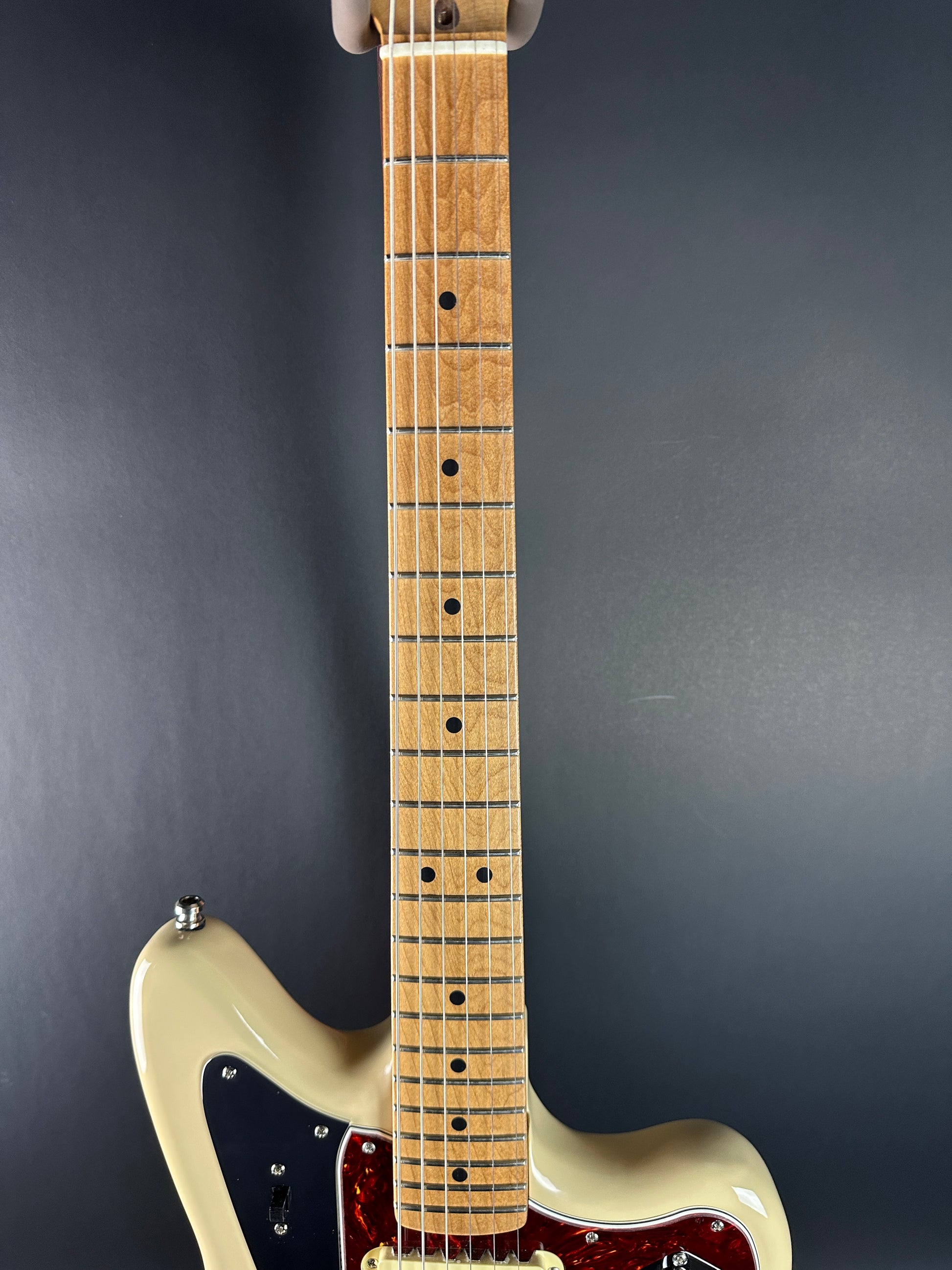 Fretboard of Used Fender Mod Shop Jaguar Roasted Maple Desert Sand.