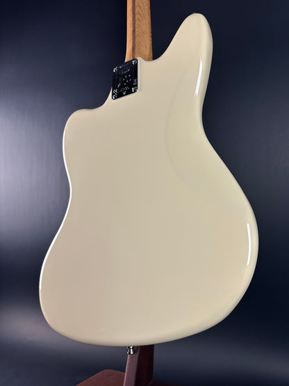 Back angle of Used Fender Mod Shop Jaguar Roasted Maple Desert Sand.