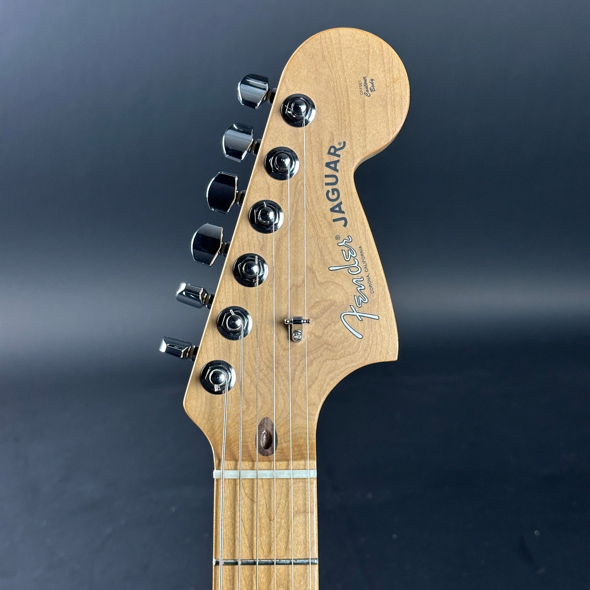 Headstock of Used Fender Mod Shop Jaguar Roasted Maple Desert Sand.