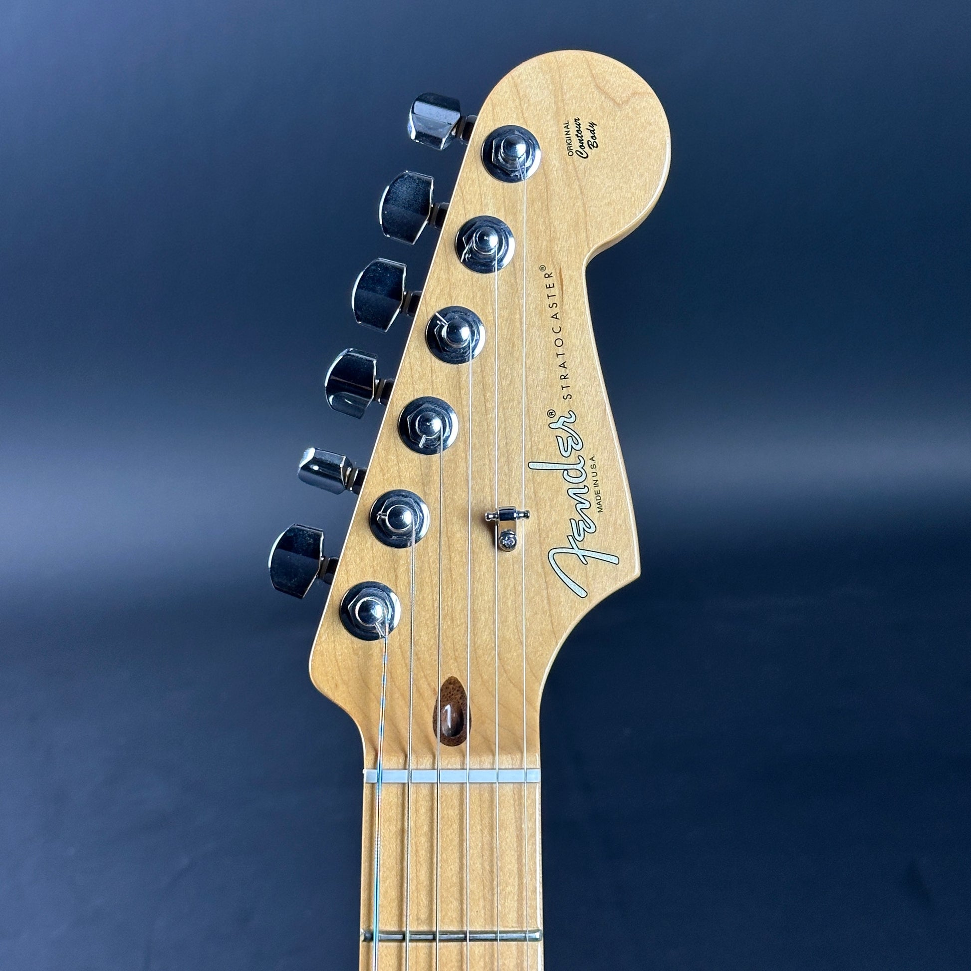 Headstock of Used 2013 Fender American Standard Strat Black.