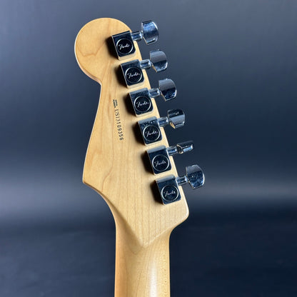 Back of headstock of Used 2013 Fender American Standard Strat Black.