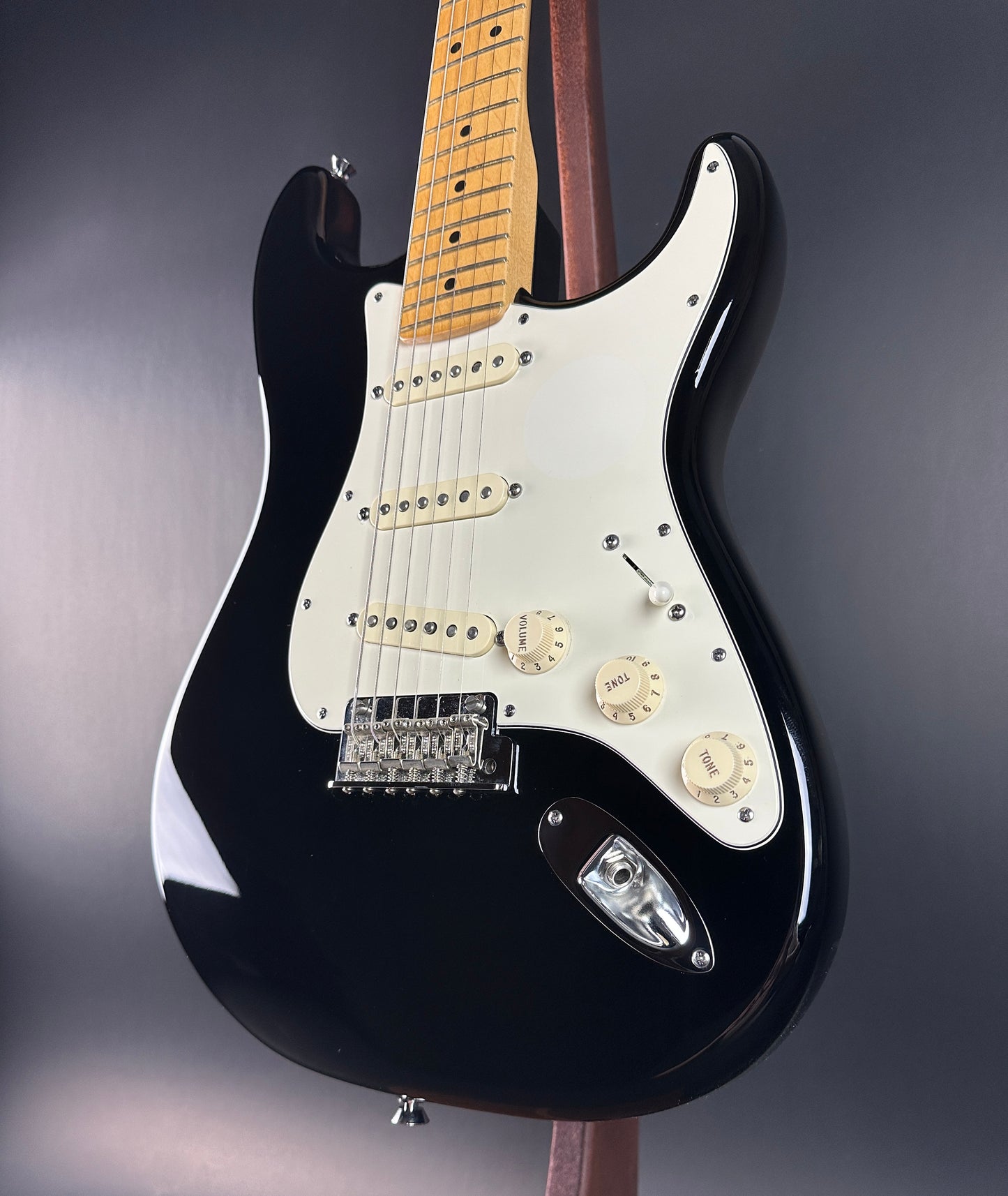 Front angle of Used 2013 Fender American Standard Strat Black.