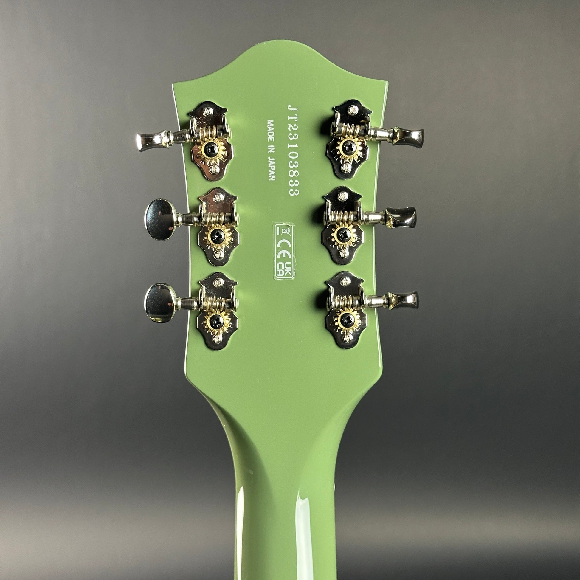 Back of headstock of Used Gretsch G6118T-60 Vintage Select 60th Anniversary Smoke Green.