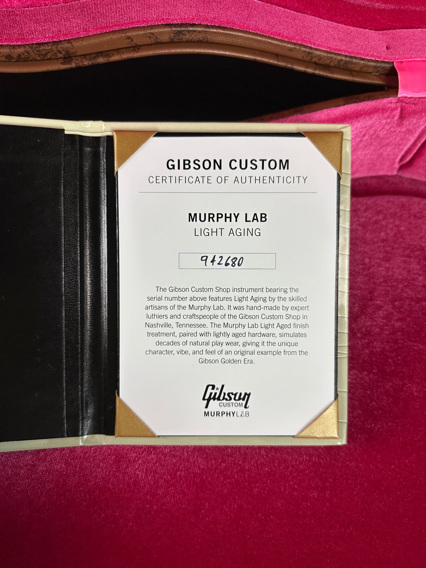 Certificate of authenticity for Gibson Custom Shop Made 2 Measure 1959 Les Paul Standard Chambered SITF Tejas Burst Light Murphy Aged Double Cream.