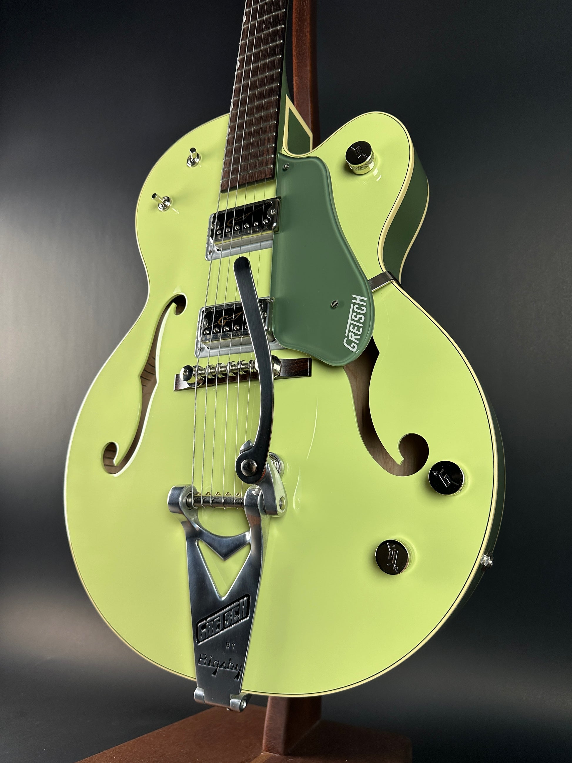 Front angle of Used Gretsch G6118T-60 Vintage Select 60th Anniversary Smoke Green.