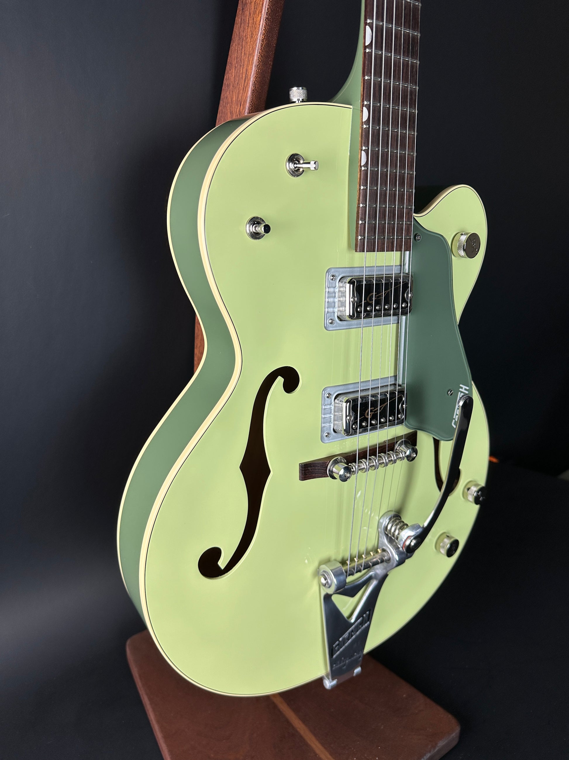 Front angle of Used Gretsch G6118T-60 Vintage Select 60th Anniversary Smoke Green.