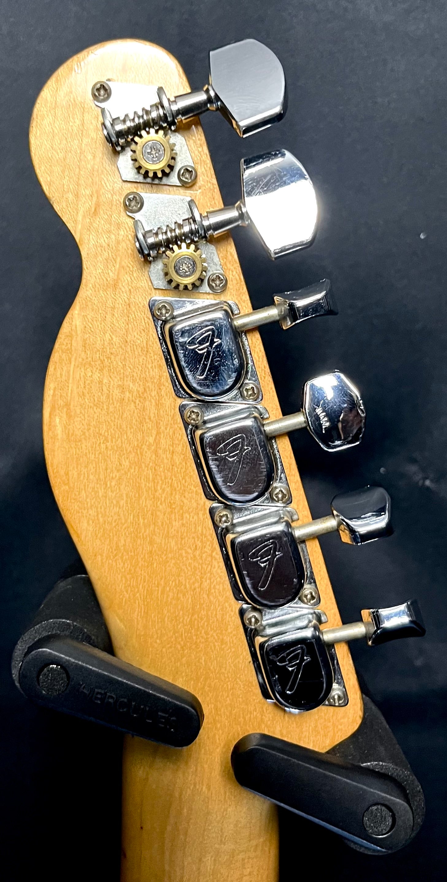 Back of headstock of Used Vintage 1972 Fender Telecaster Blonde Refret w/Plek w/route for hum (neck) w/2  tuners swapped, w/ neck pu changed w/OHSC TFW11