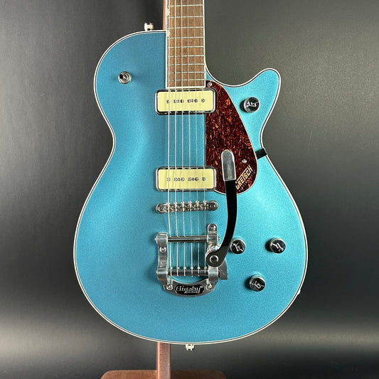 Front of Used Gretsch G5210T-P90 Electromatic Jet Mako blue.