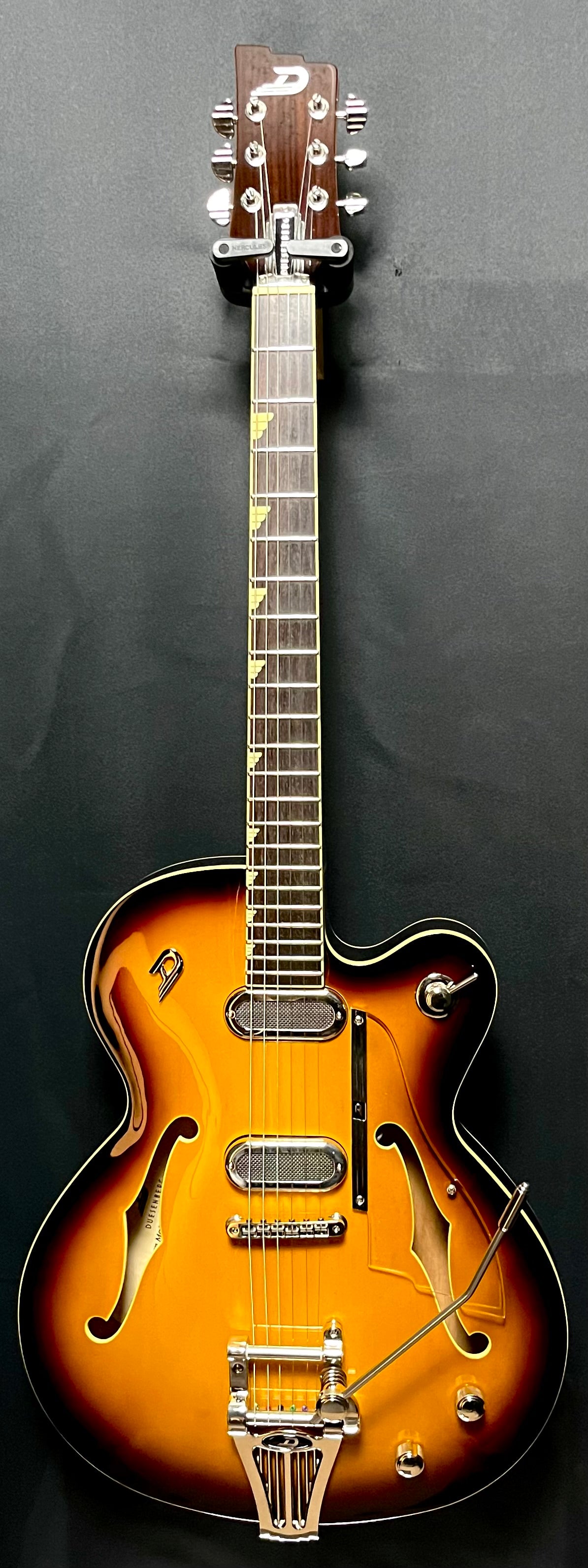 Full Front of Used Duesenberg Gran Majesto Single Cut Semi-Hollow Vintage Orange Burst w/case TFW23