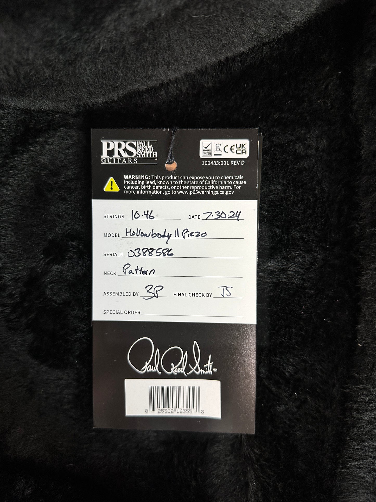 Hang tag for PRS Hollowbody II Piezo 10-top Red Tiger.