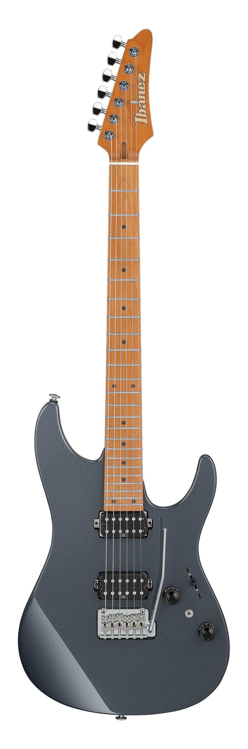 Full frontal of Ibanez AZ2402GRM Prestige Grey Metallic Roasted Maple Fingerboard.