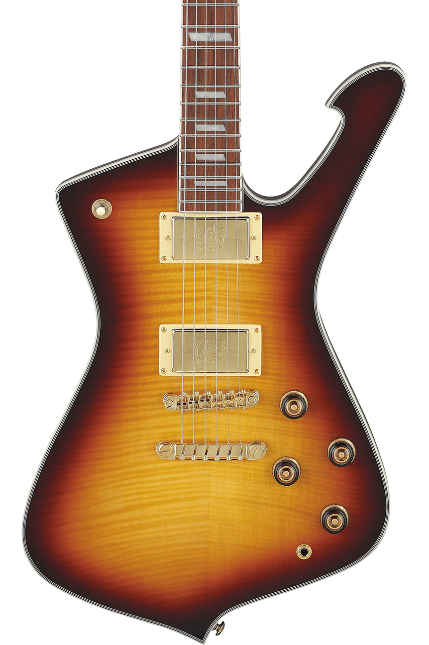 Front of Ibanez IC420FM Iceman Violin Sunburst.