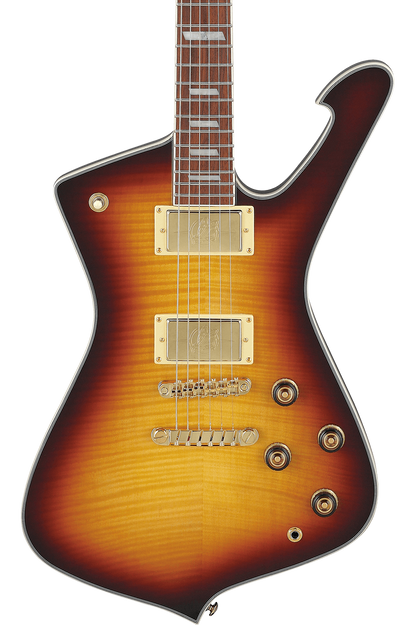 Front of Ibanez IC420FM Iceman Violin Sunburst.