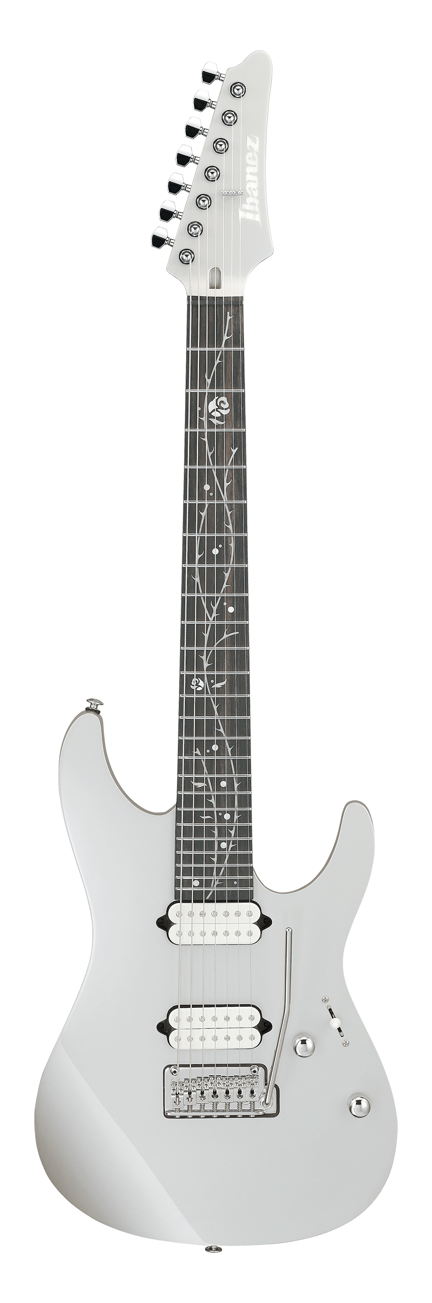 Full frontal of Ibanez TOD70 Tim Henson Signature 7-String Classic Silver.