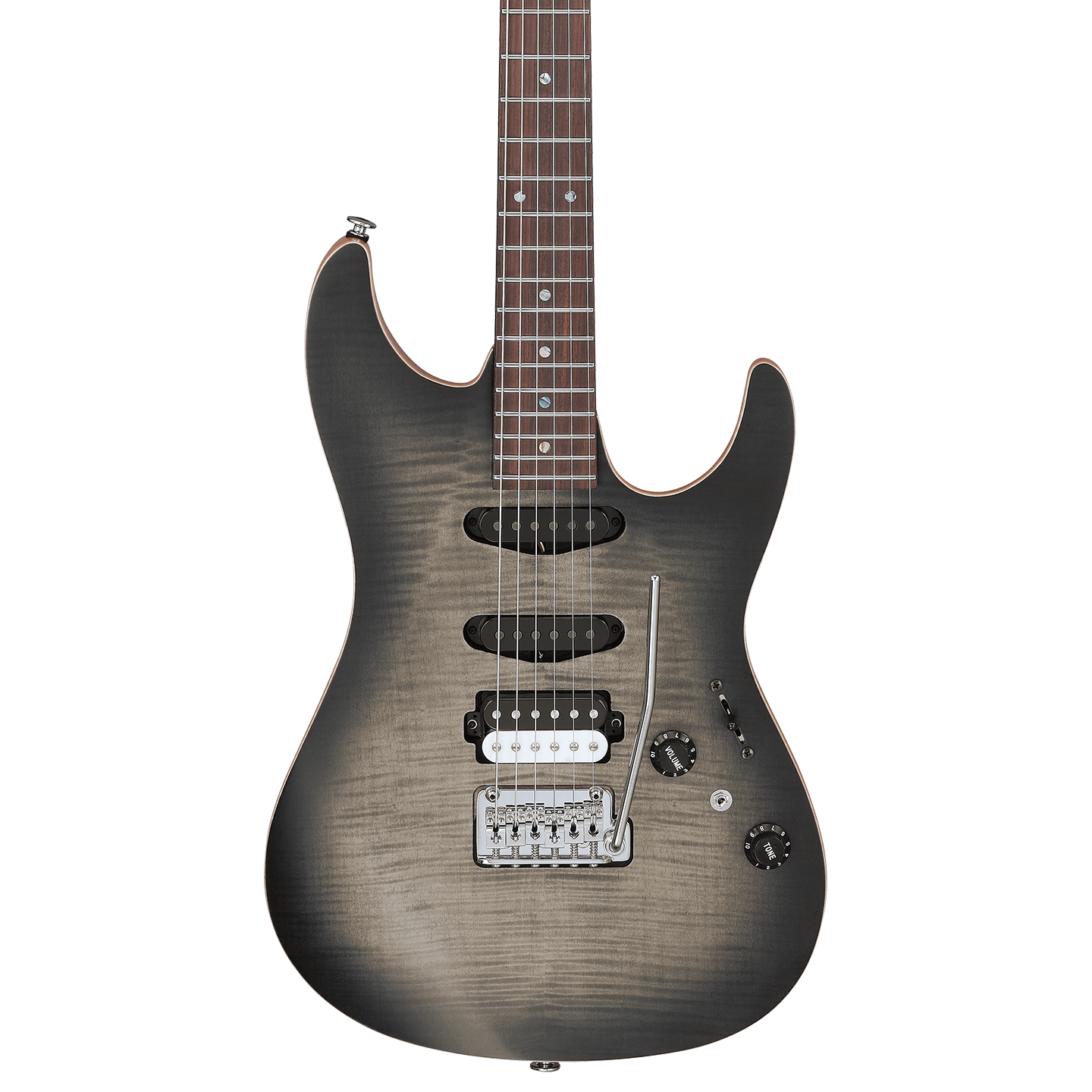 Front of Ibanez TQM2 Tom Quayle Signature Charcoal Black Burst Flat.