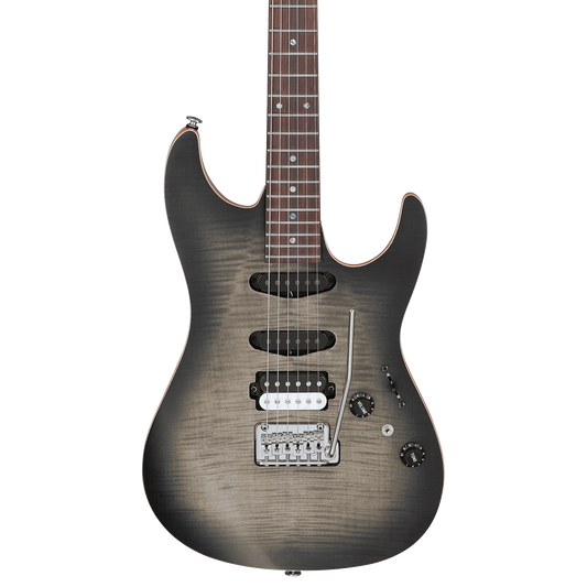 Front of Ibanez TQM2 Tom Quayle Signature Charcoal Black Burst Flat.