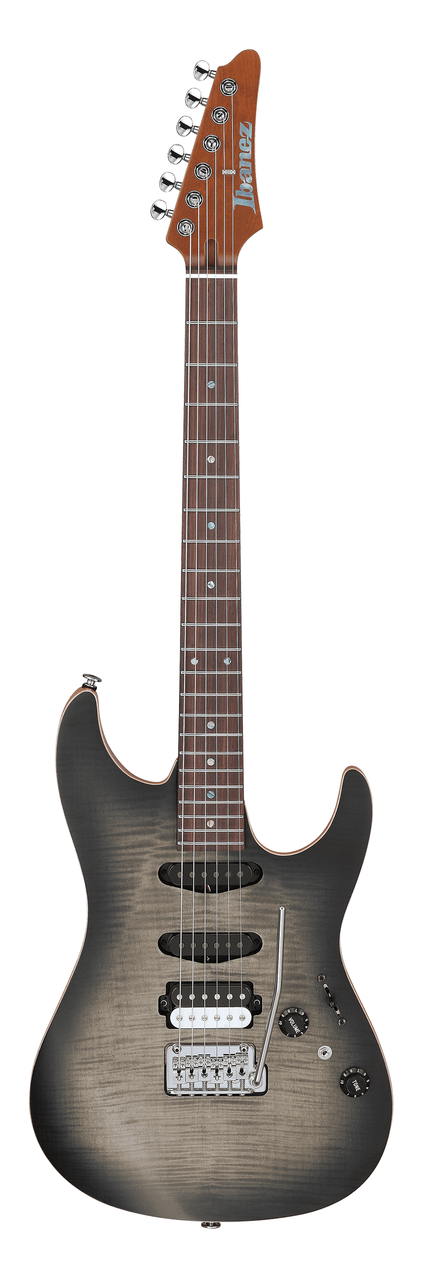 Full frontal of Ibanez TQM2 Tom Quayle Signature Charcoal Black Burst Flat.