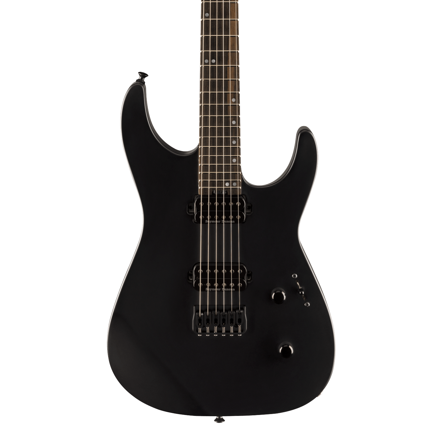 Front of Jackson American Series Virtuoso HT Streaked Ebony Fingerboard Satin Black.