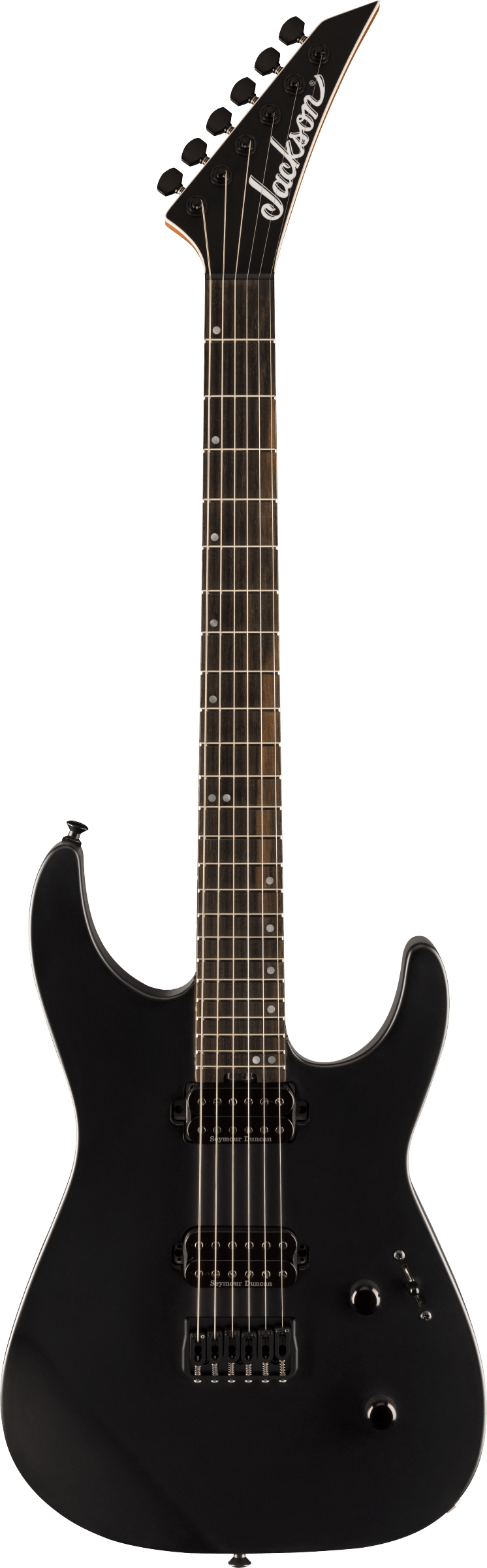 Full frontal of Jackson American Series Virtuoso HT Streaked Ebony Fingerboard Satin Black.