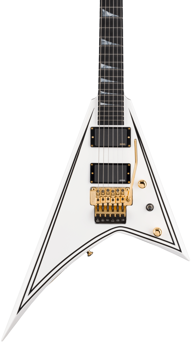 Front of Jackson MJ Series Rhoads RR24MG Ebony Fingerboard White with Black Pinstripes.