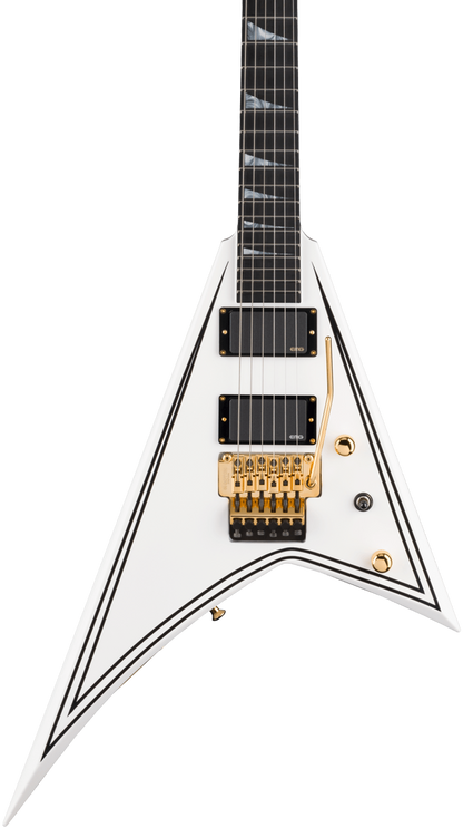 Front of Jackson MJ Series Rhoads RR24MG Ebony Fingerboard White with Black Pinstripes.