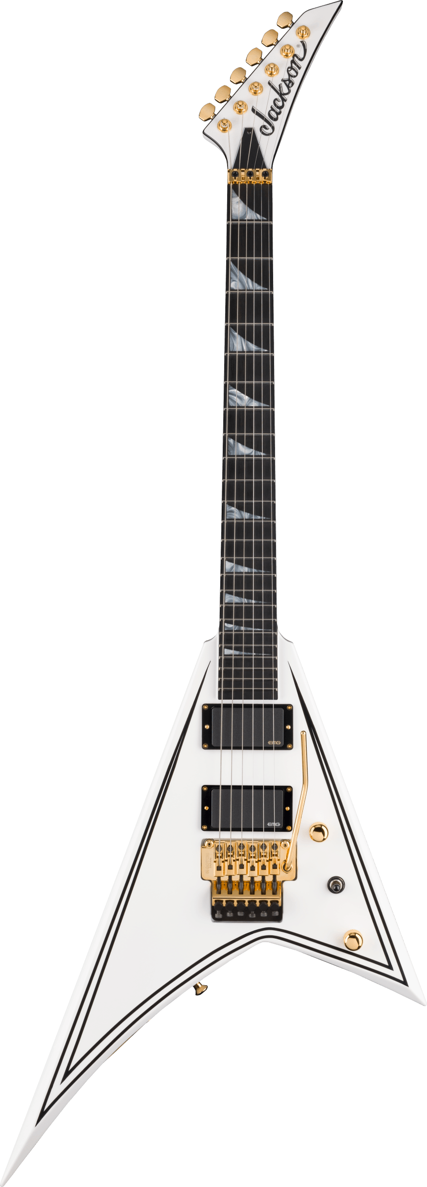 Full frontal of Jackson MJ Series Rhoads RR24MG Ebony Fingerboard White with Black Pinstripes.