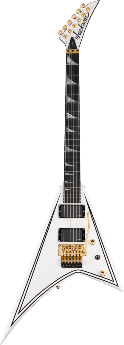 Full frontal of Jackson MJ Series Rhoads RR24MG Ebony Fingerboard White with Black Pinstripes.