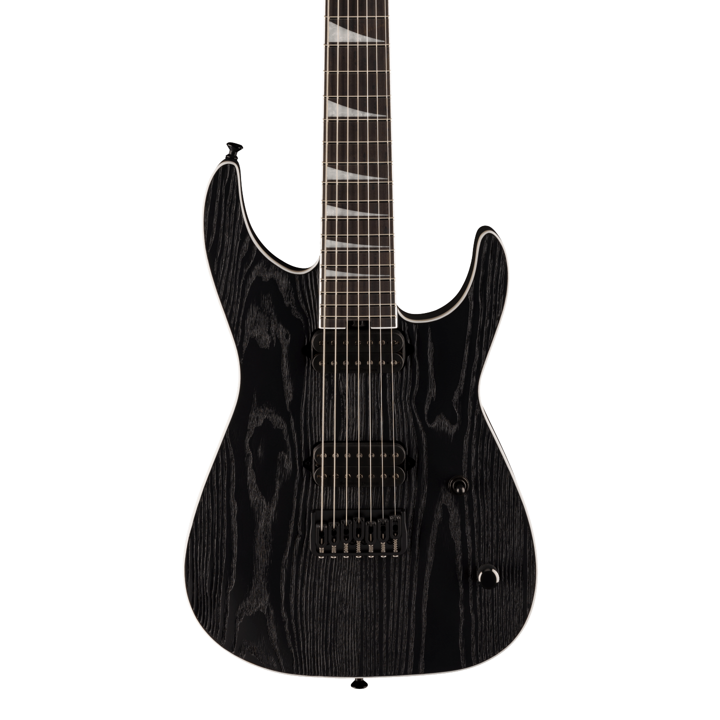 Front of Jackson Pro Series Jeff Loomis Soloist SL7 HT Black Ash.