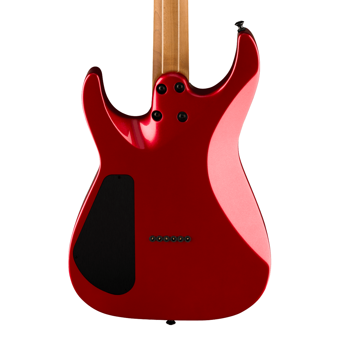 Closeup of back of Jackson American Series Virtuoso HT Streaked Ebony Fingerboard  Red Crystal w/softcase