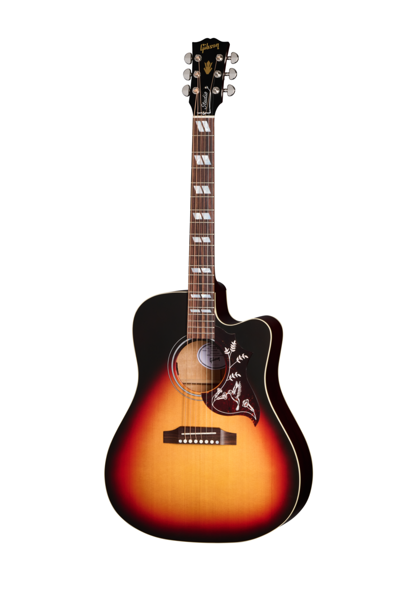 Full frontal of Gibson Hummingbird Studio EC Tri-Burst Satin.