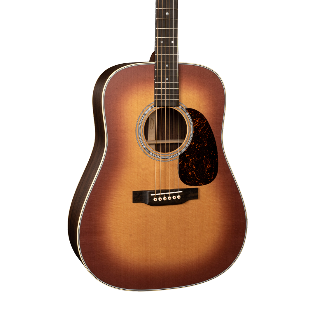 Front of Martin D-28 Satin Amberburst.