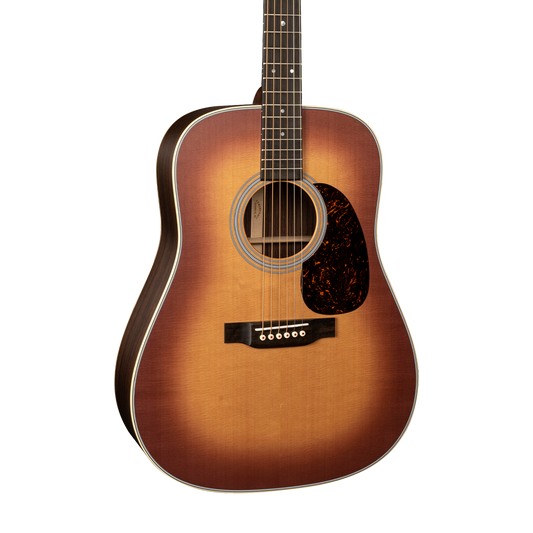 Front of Martin D-28 Satin Amberburst.