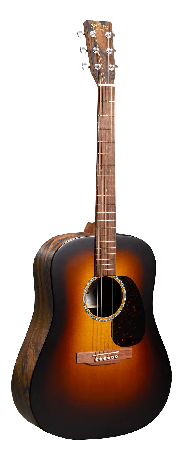 Full frontal of Martin D-X2E Ziricote Burst.