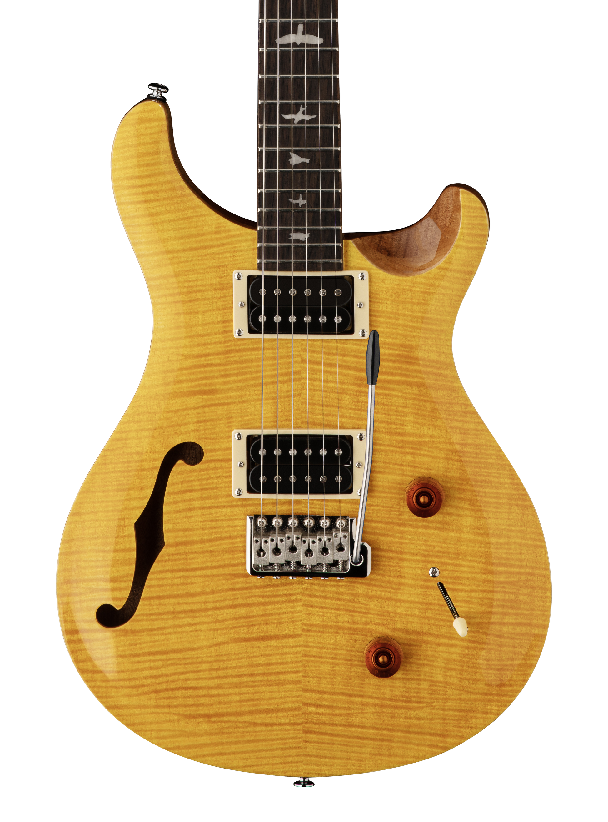 Front of PRS Paul Reed Smith SE Custom 22 Semi-Hollow Santana Yellow.