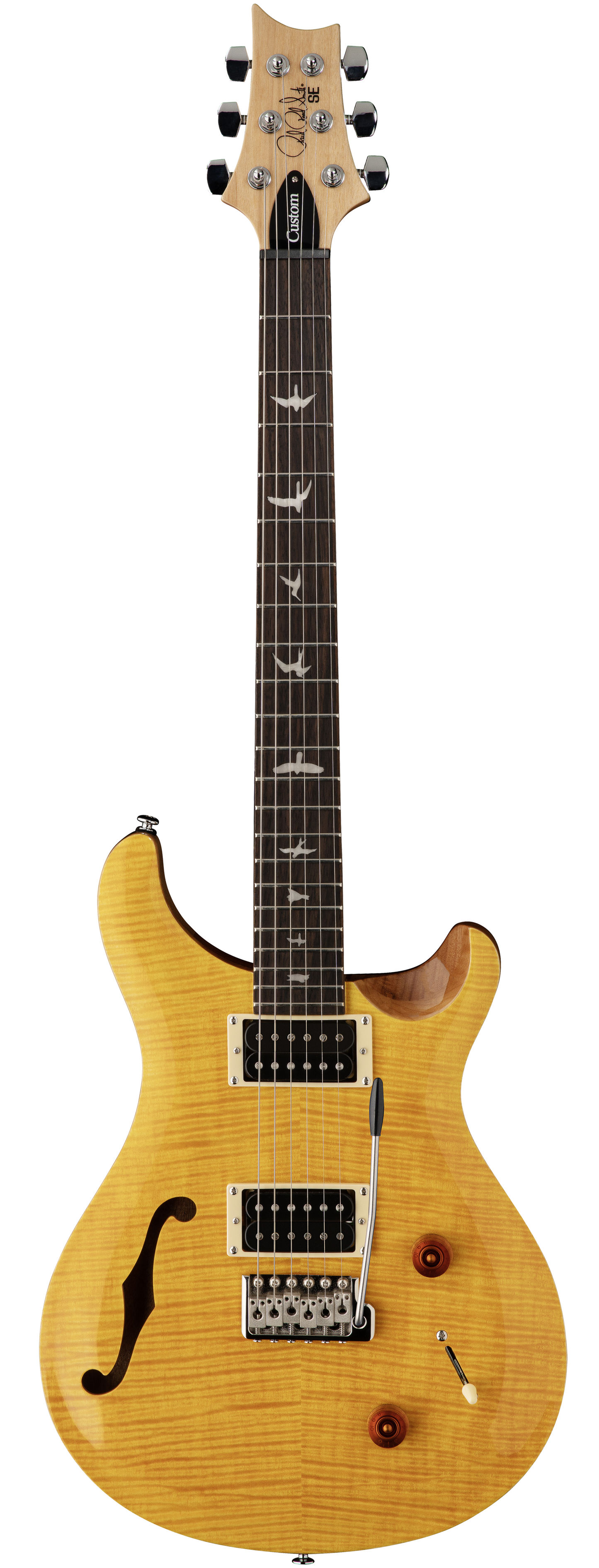 Full frontal of PRS Paul Reed Smith SE Custom 22 Semi-Hollow Santana Yellow.