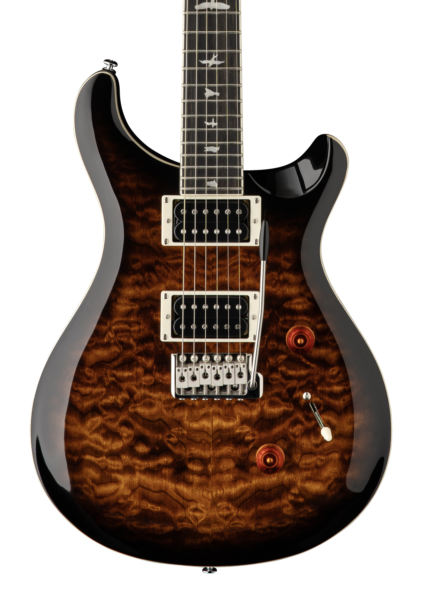 Front of PRS Paul Reed Smith SE Custom 24 Quilt Top Black Gold Sunburst.