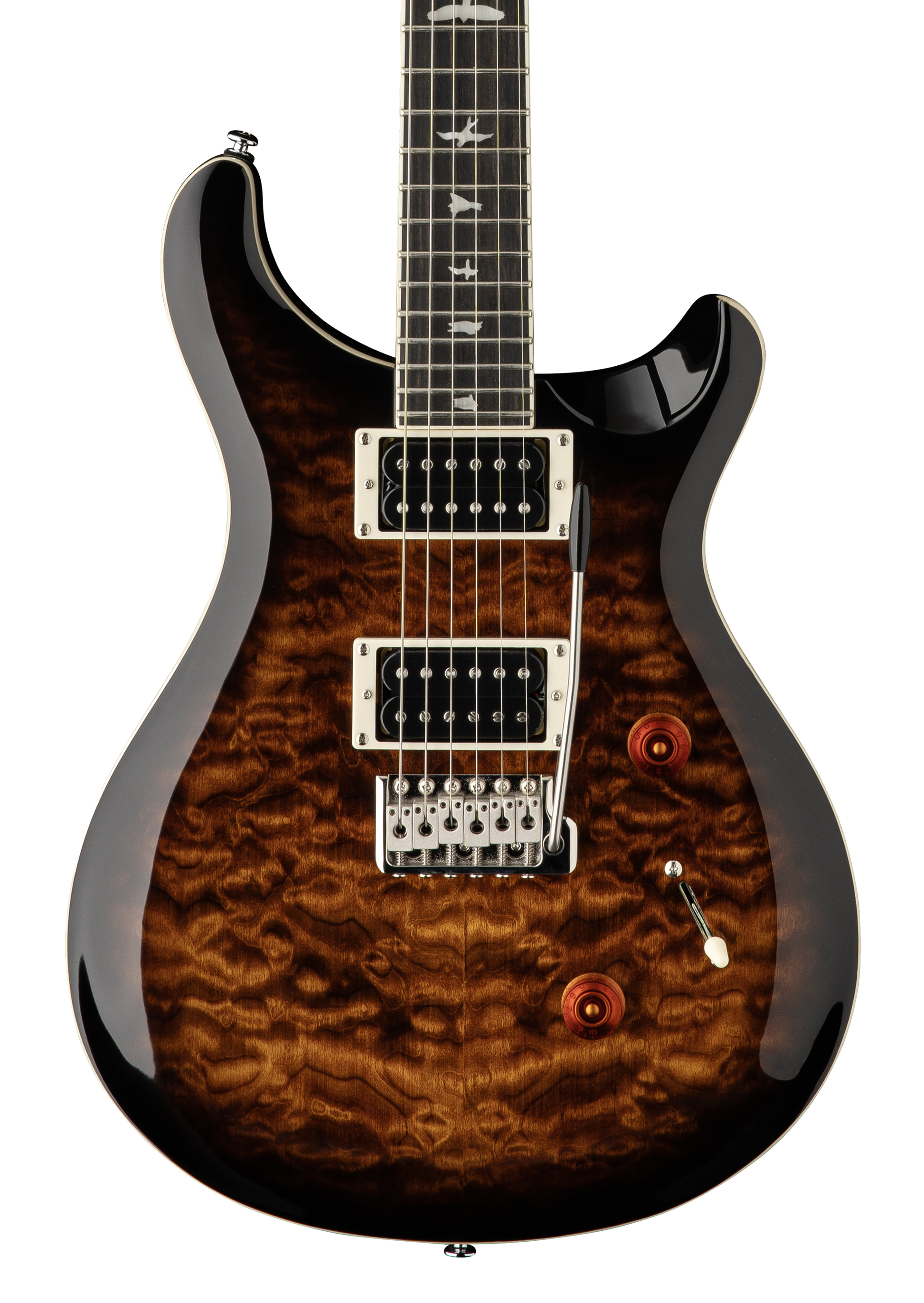 Front of PRS Paul Reed Smith SE Custom 24 Quilt Top Black Gold Sunburst.