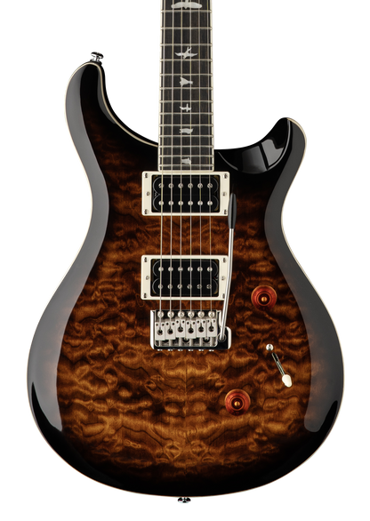 Front of PRS Paul Reed Smith SE Custom 24 Quilt Top Black Gold Sunburst.