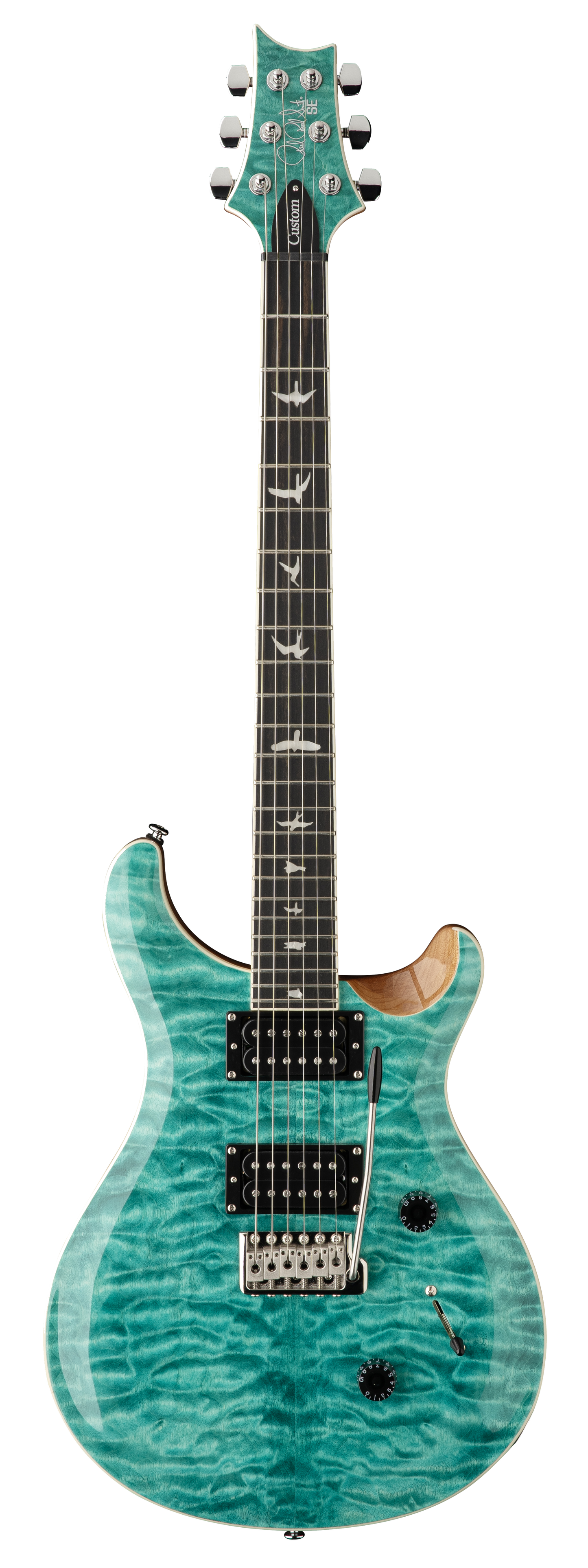 Full frontal of PRS Paul Reed Smith SE Custom 24 Quilt Top Turquoise.