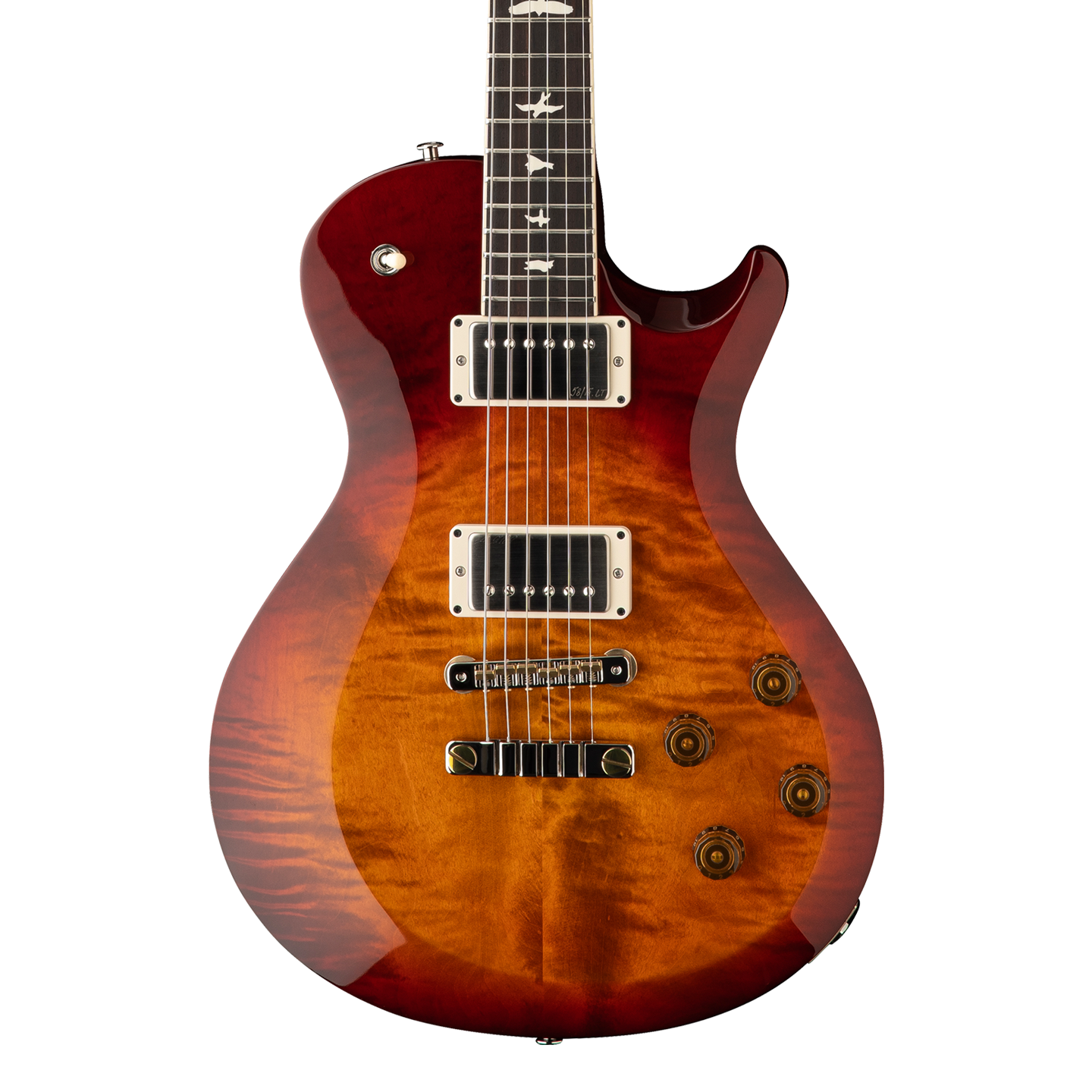 Front of PRS S2 McCarty 594 Singlecut Dark Cherry Sunburst.