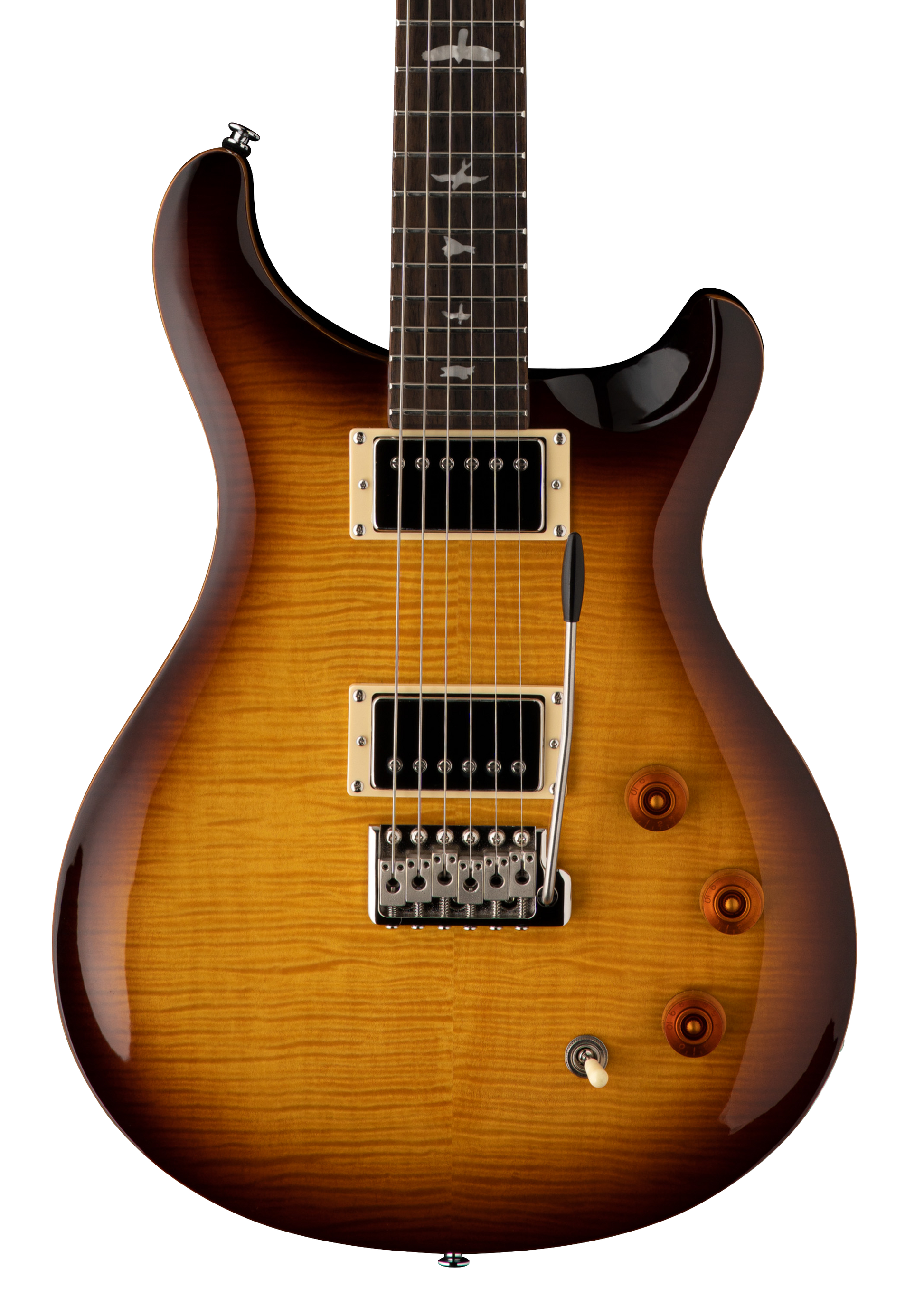 Front of PRS SE DGT David Grissom Signature Solidbody McCarty Tobacco Sunburst.