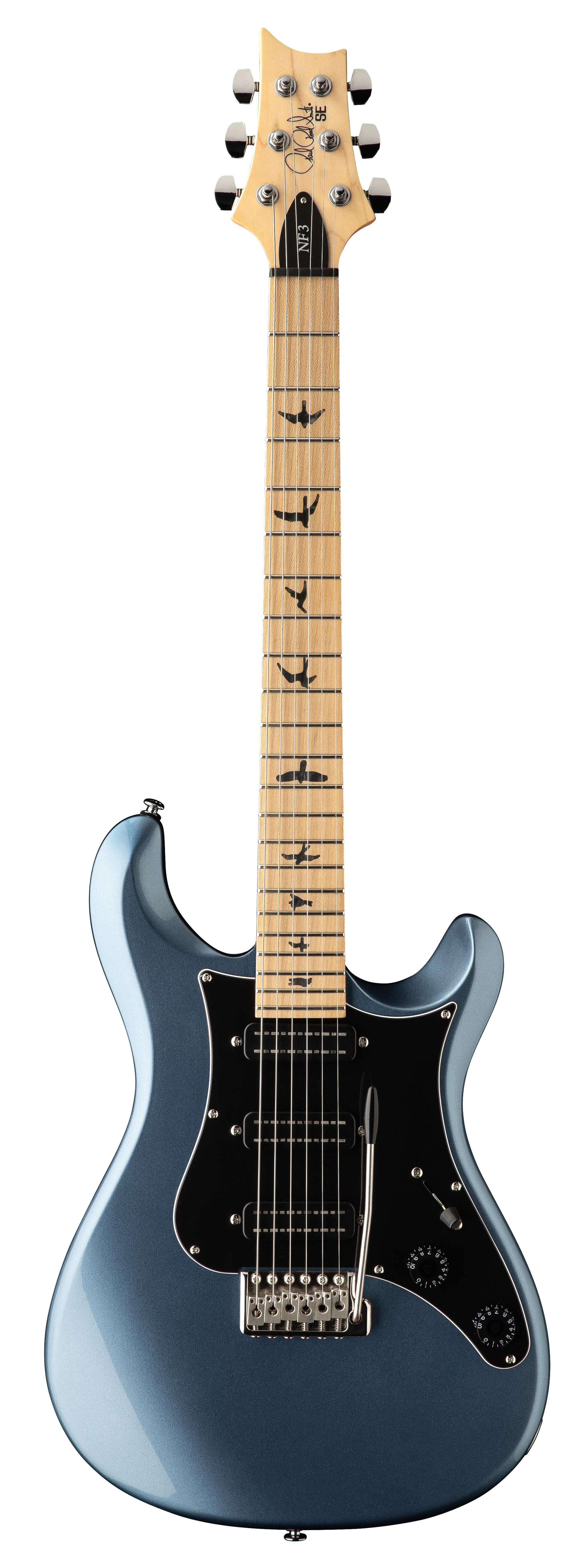 Back of PRS SE NF3 Ice Blue Metallic Maple.