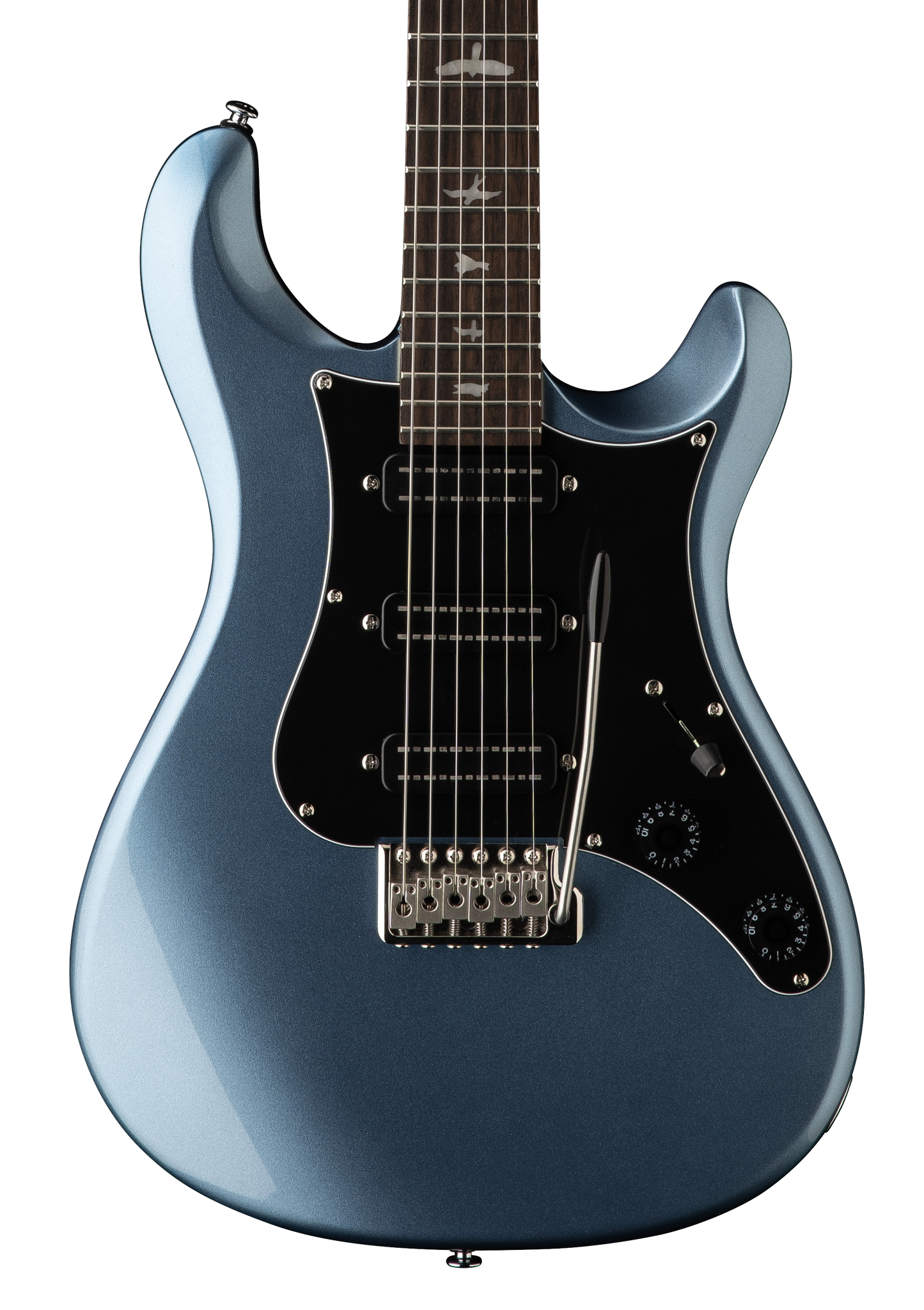 Front of PRS SE NF3 Ice Blue Metallic Rosewood.