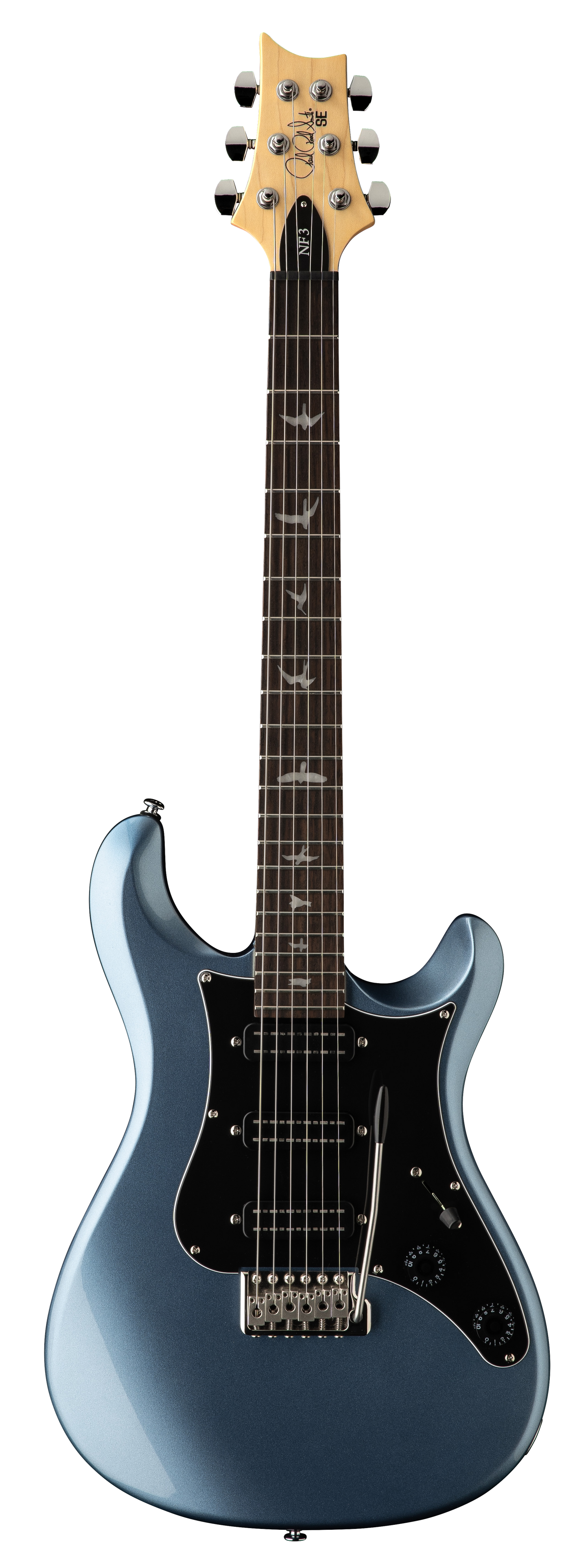 Full frontal of PRS SE NF3 Ice Blue Metallic Rosewood.