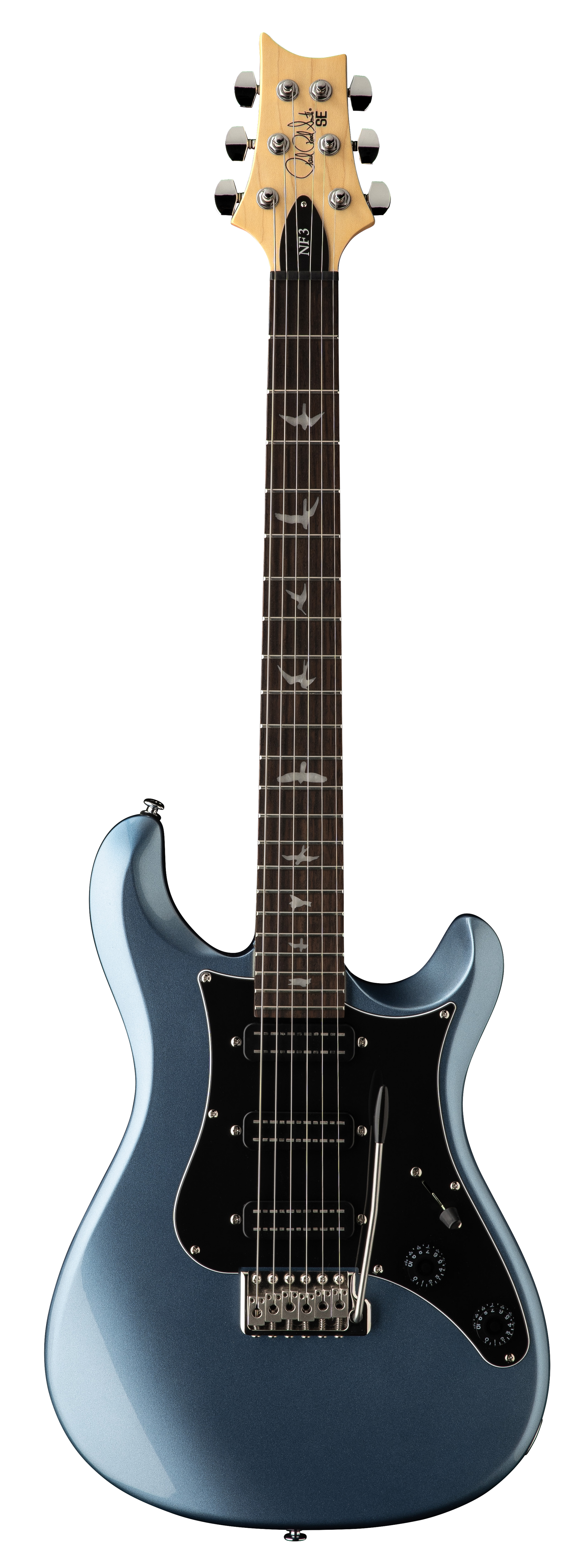 Full frontal of PRS SE NF3 Ice Blue Metallic Rosewood.