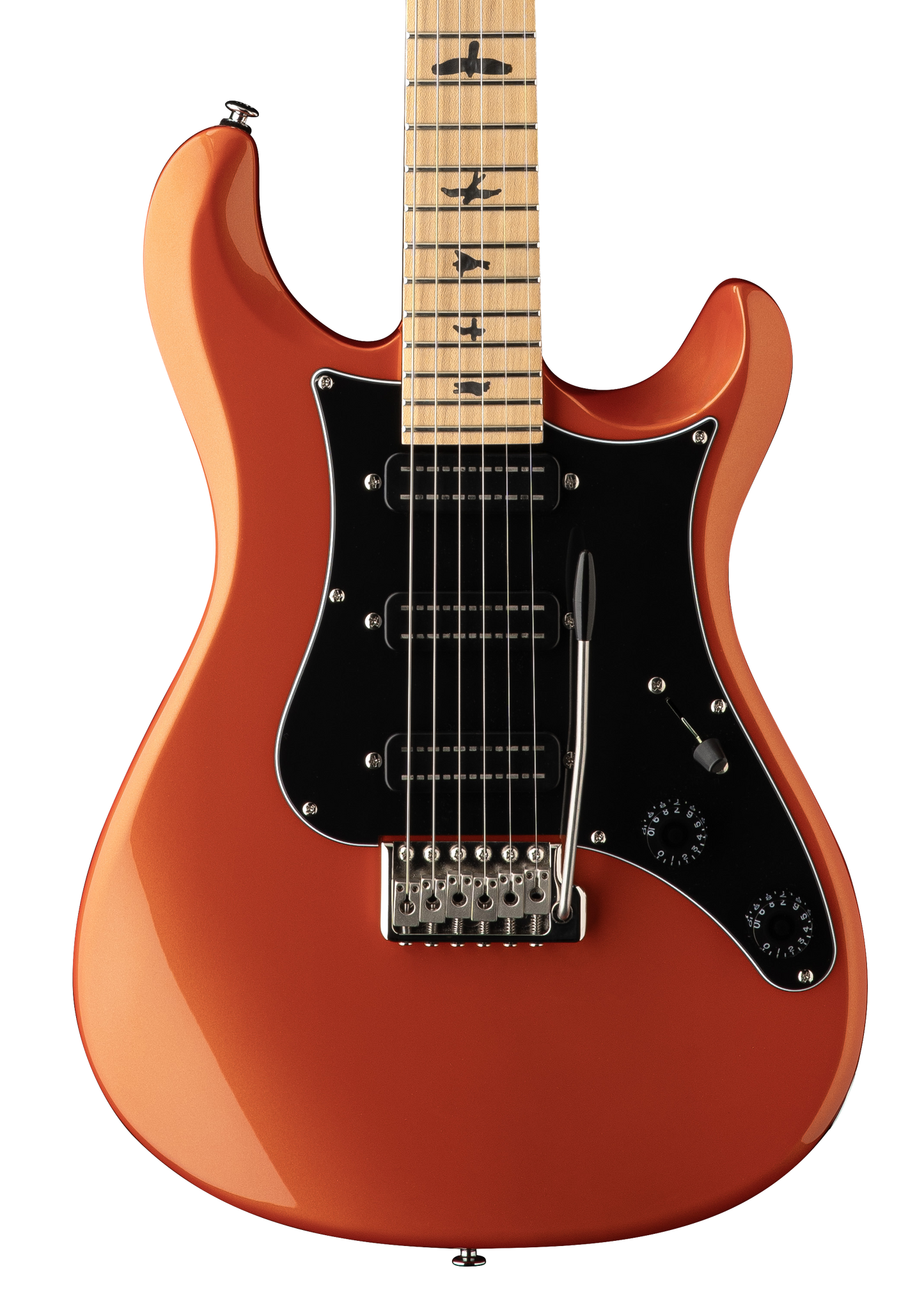 Front of PRS SE NF3 Metallic Orange Maple.