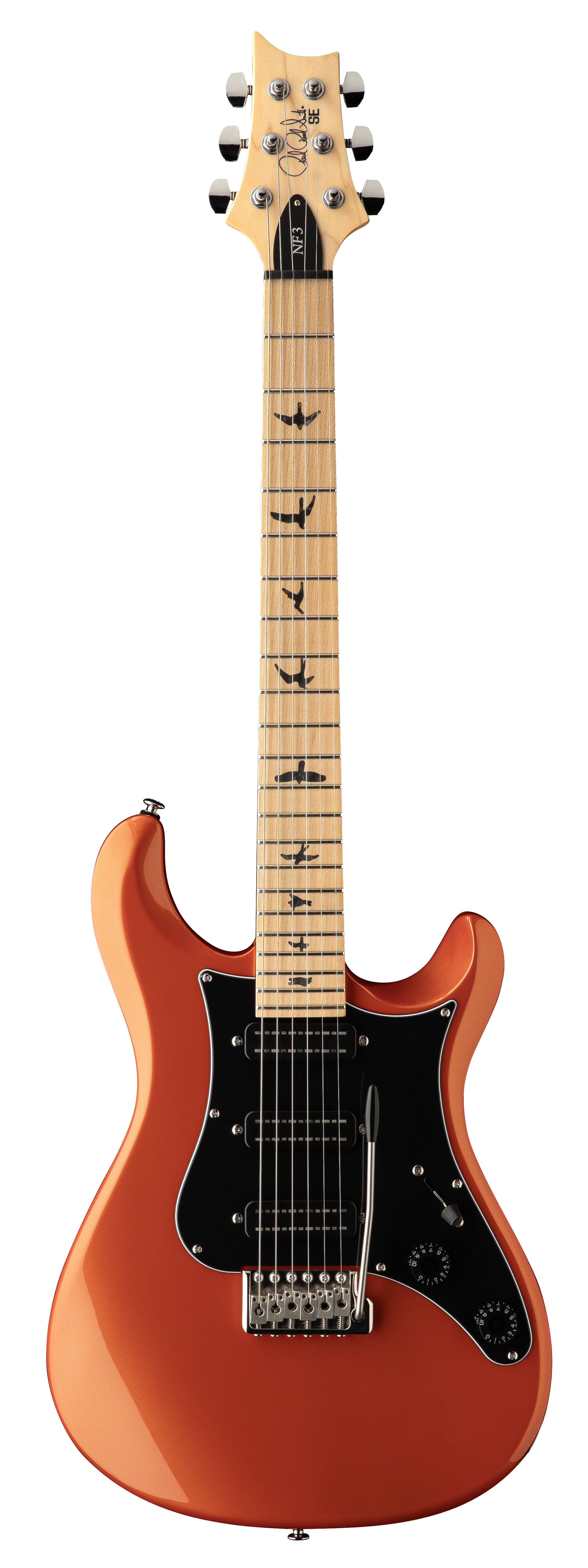 Full frontal of PRS SE NF3 Metallic Orange Maple.